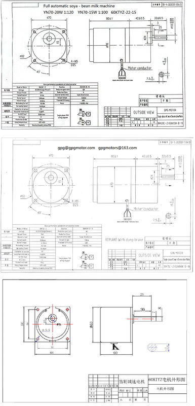 YN70-20 70JB20G10 motor pequeno da engrenagem da C.A. de 3 fases para a soja Bean Milk Machine